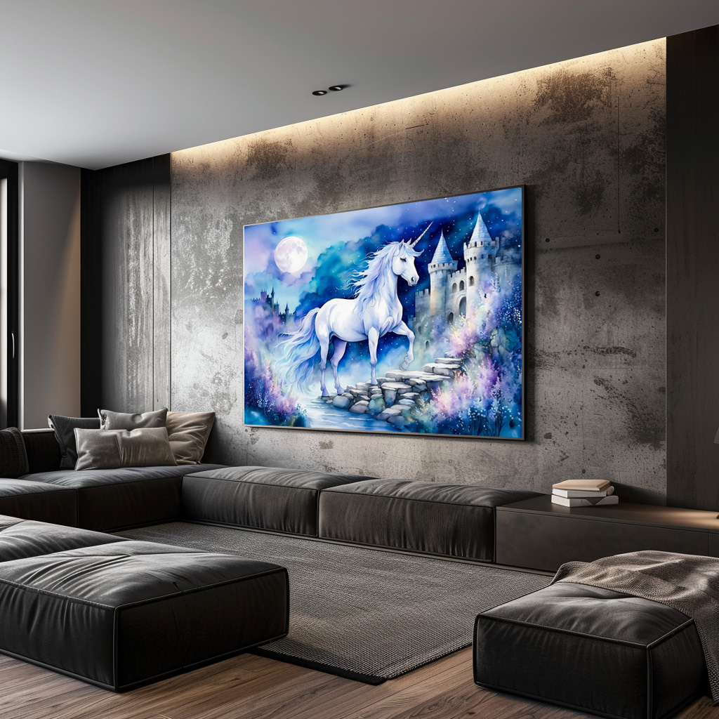 Poster: Boho Watercolor Enchanted White Unicorn Near Old Castle – Image 3