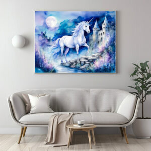 Poster: Boho Watercolor Enchanted White Unicorn Near Old Castle