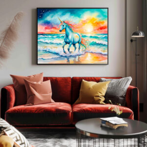 Poster: Boho Watercolor Sparkling Blue Unicorn Galloping On Ocean Shore