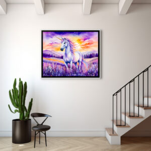 Poster: Boho Watercolor Magical Unicorn Beneath Vibrant Sunset Rainbow Sky
