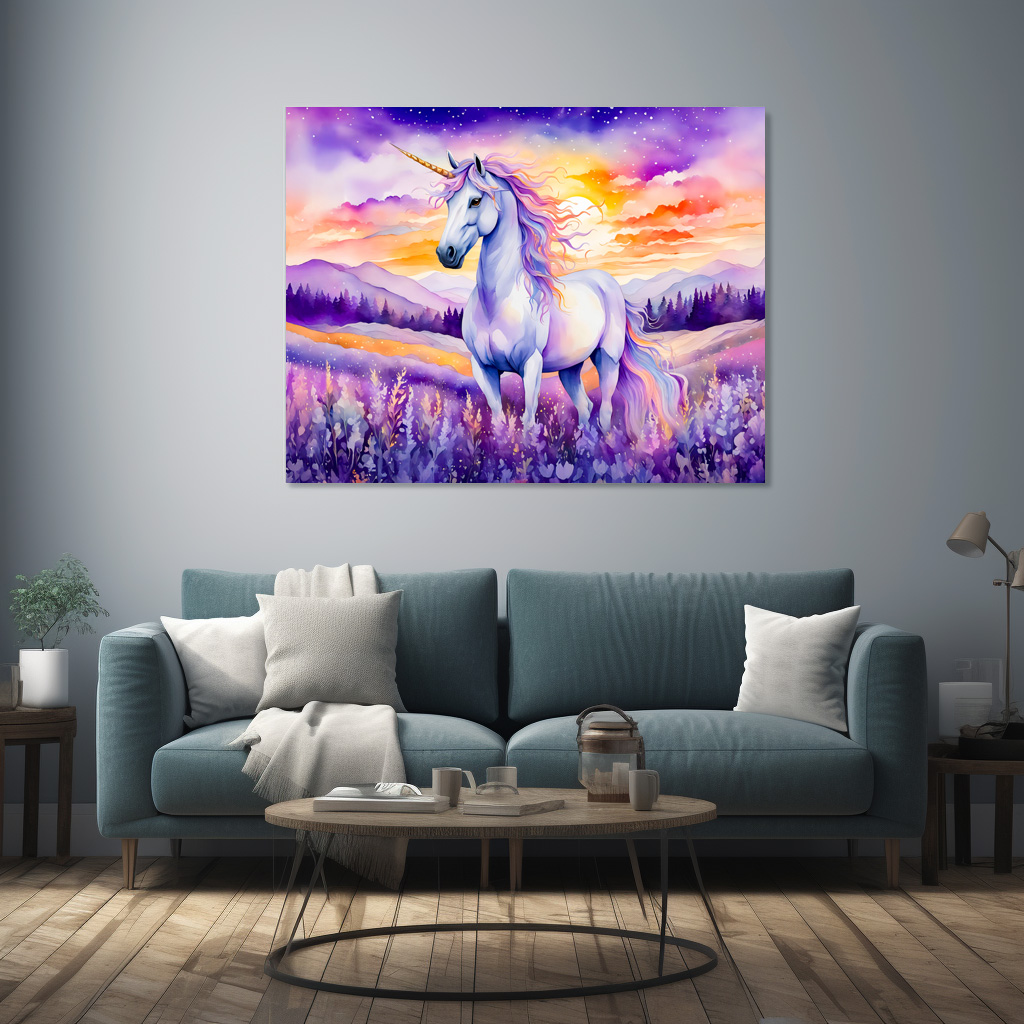 Poster: Boho Watercolor Magical Unicorn Beneath Vibrant Sunset Rainbow Sky - immagine 2