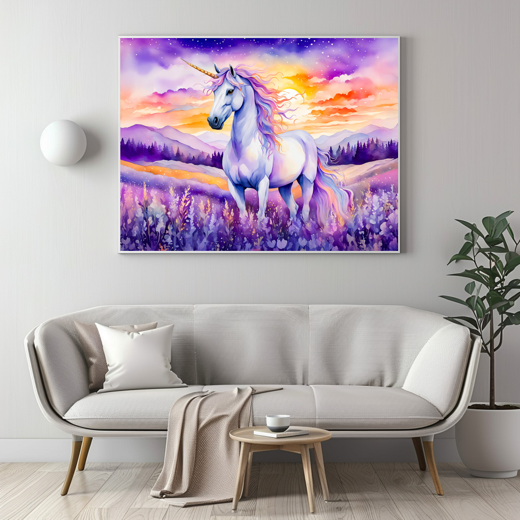 Poster: Boho Watercolor Magical Unicorn Beneath Vibrant Sunset Rainbow Sky - immagine 3