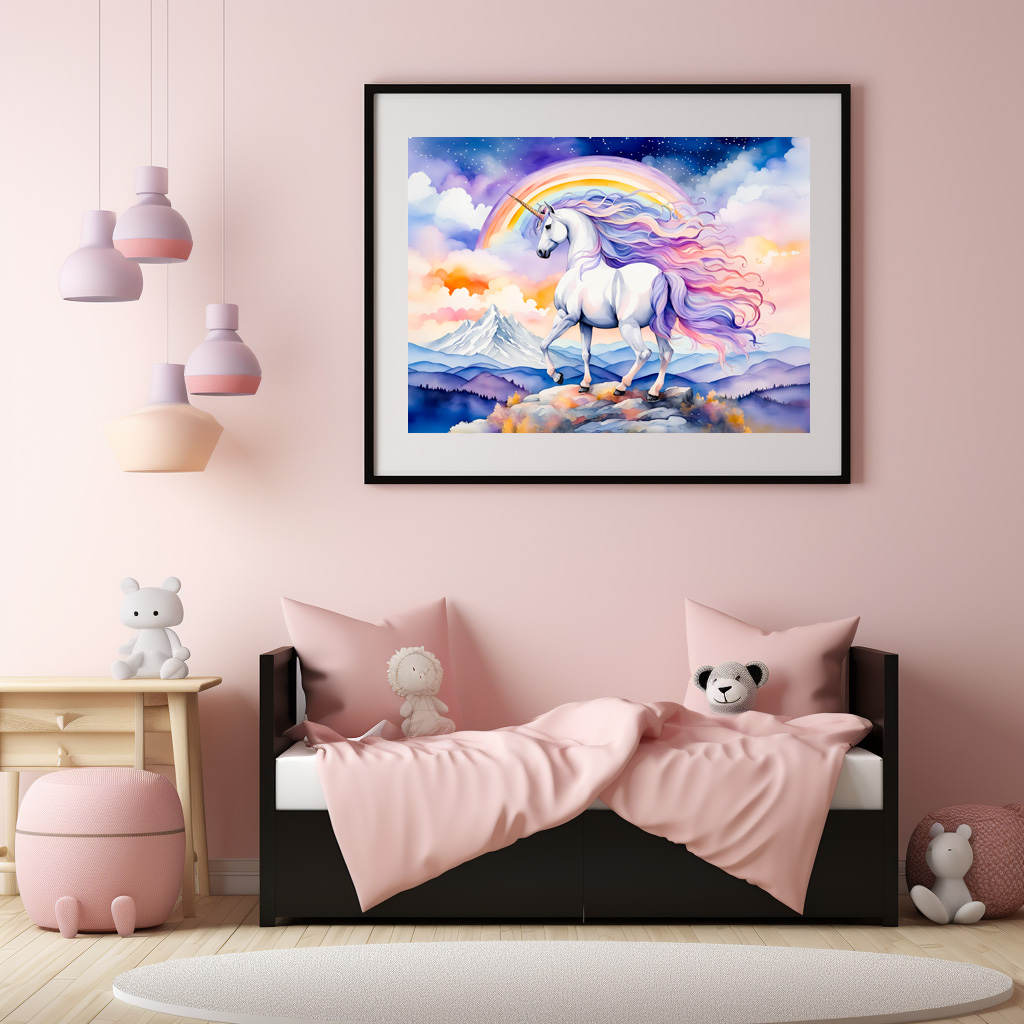 Poster: Watercolor Mystical Unicorn Walking Beneath A Shimmering Rainbow