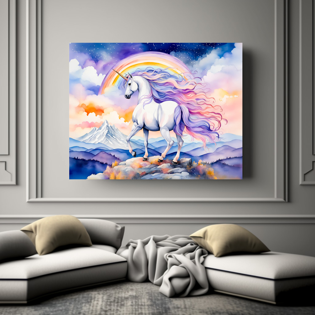 Poster: Watercolor Mystical Unicorn Walking Beneath A Shimmering Rainbow - Imagen 2