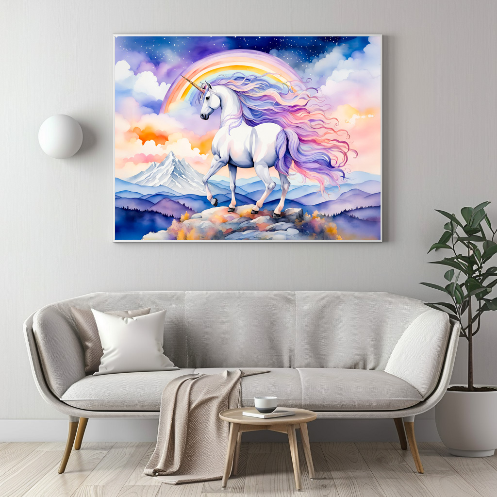 Poster: Watercolor Mystical Unicorn Walking Beneath A Shimmering Rainbow - Imagen 3