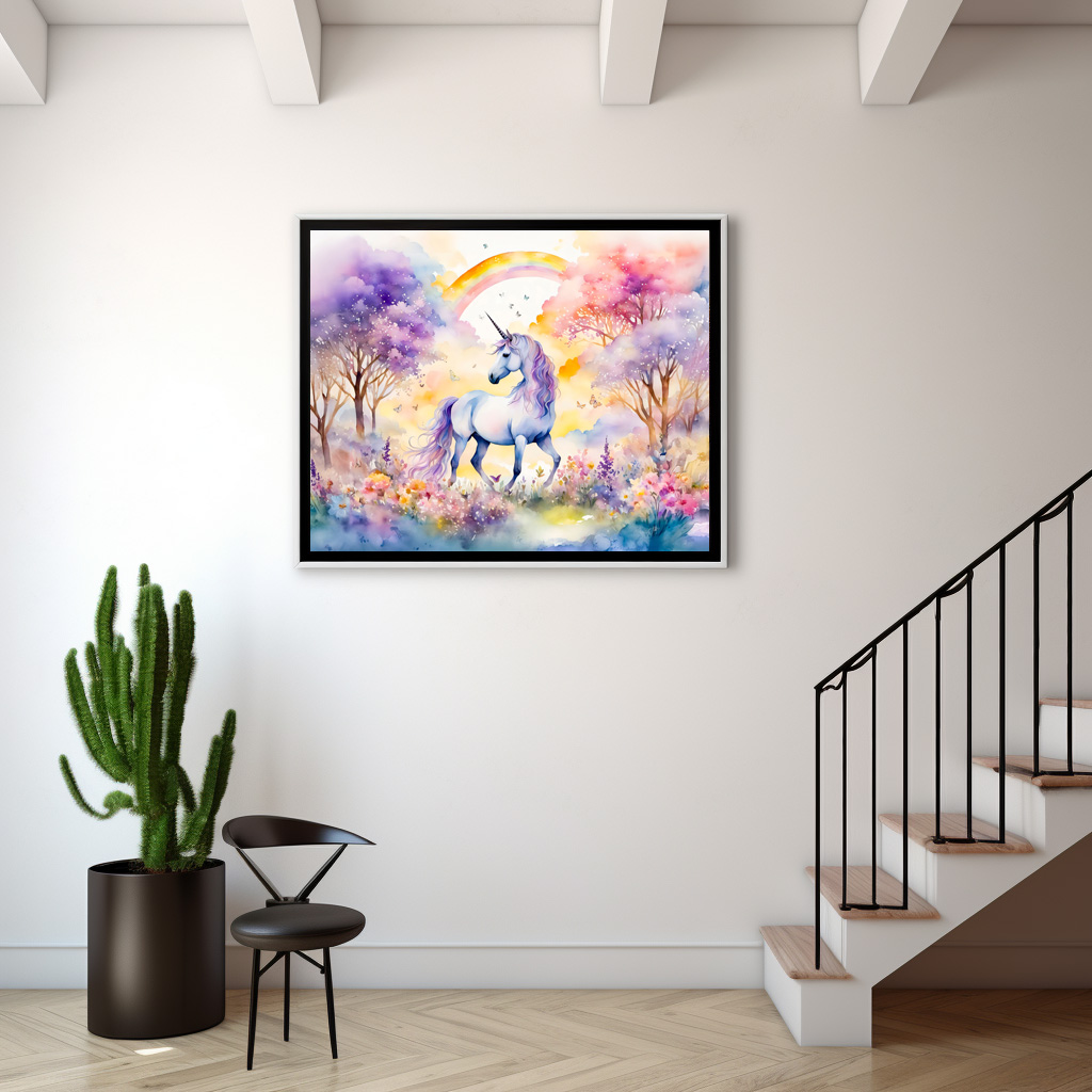 Poster: Boho Watercolor Majestic Unicorn Under Cherry Blossom Pink Sky – Image 2