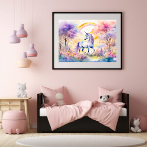 Poster: Boho Watercolor Majestic Unicorn Under Cherry Blossom Pink Sky