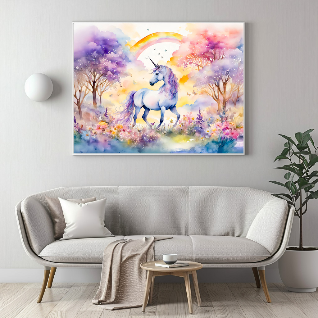 Poster: Boho Watercolor Majestic Unicorn Under Cherry Blossom Pink Sky – Image 3