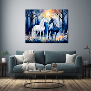 Poster: Boho Watercolor Two Unicorns Standing Together Under Starry Sky