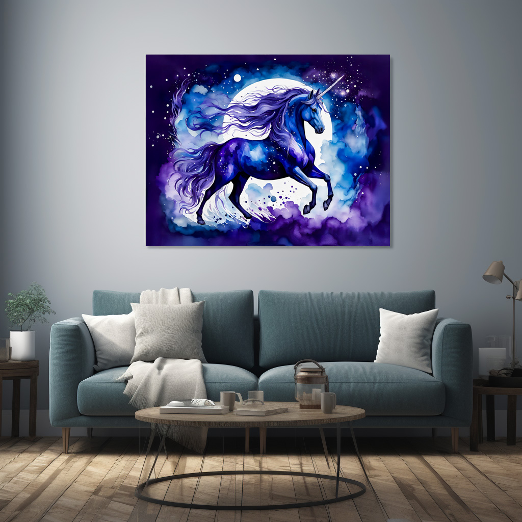 Poster: Watercolor Majestic Blue Unicorn Under Starry Night Sky - Imagen 2