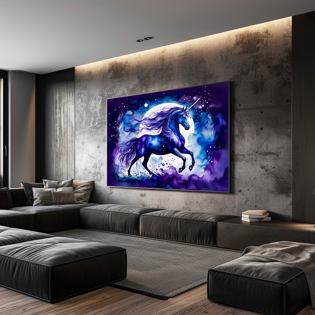 Poster: Watercolor Majestic Blue Unicorn Under Starry Night Sky - Imagen 3