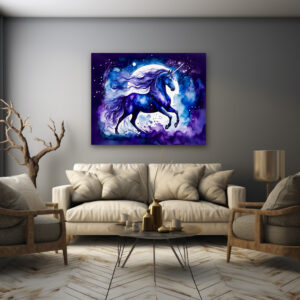 Poster: Watercolor Majestic Blue Unicorn Under Starry Night Sky