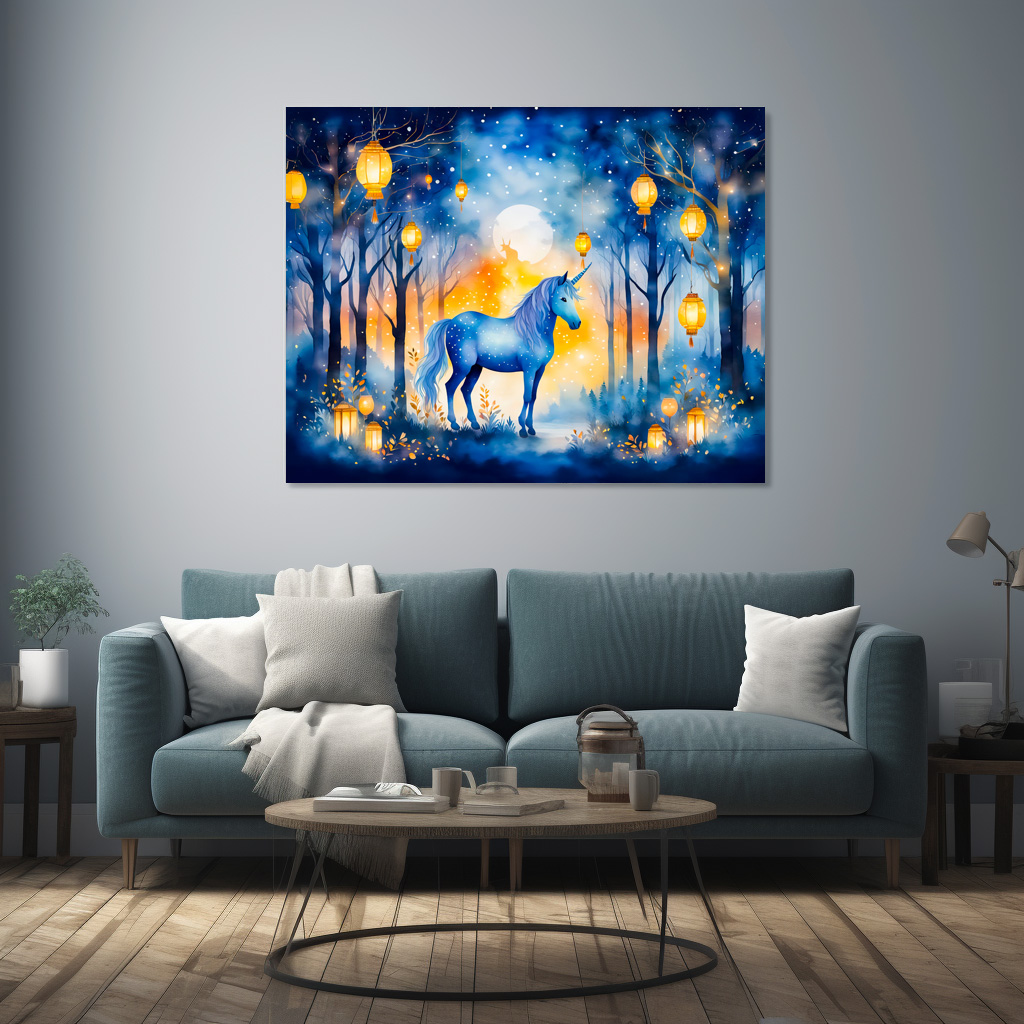 Poster: Boho Watercolor Mystical Unicorn Prancing Under Golden Lantern Light
