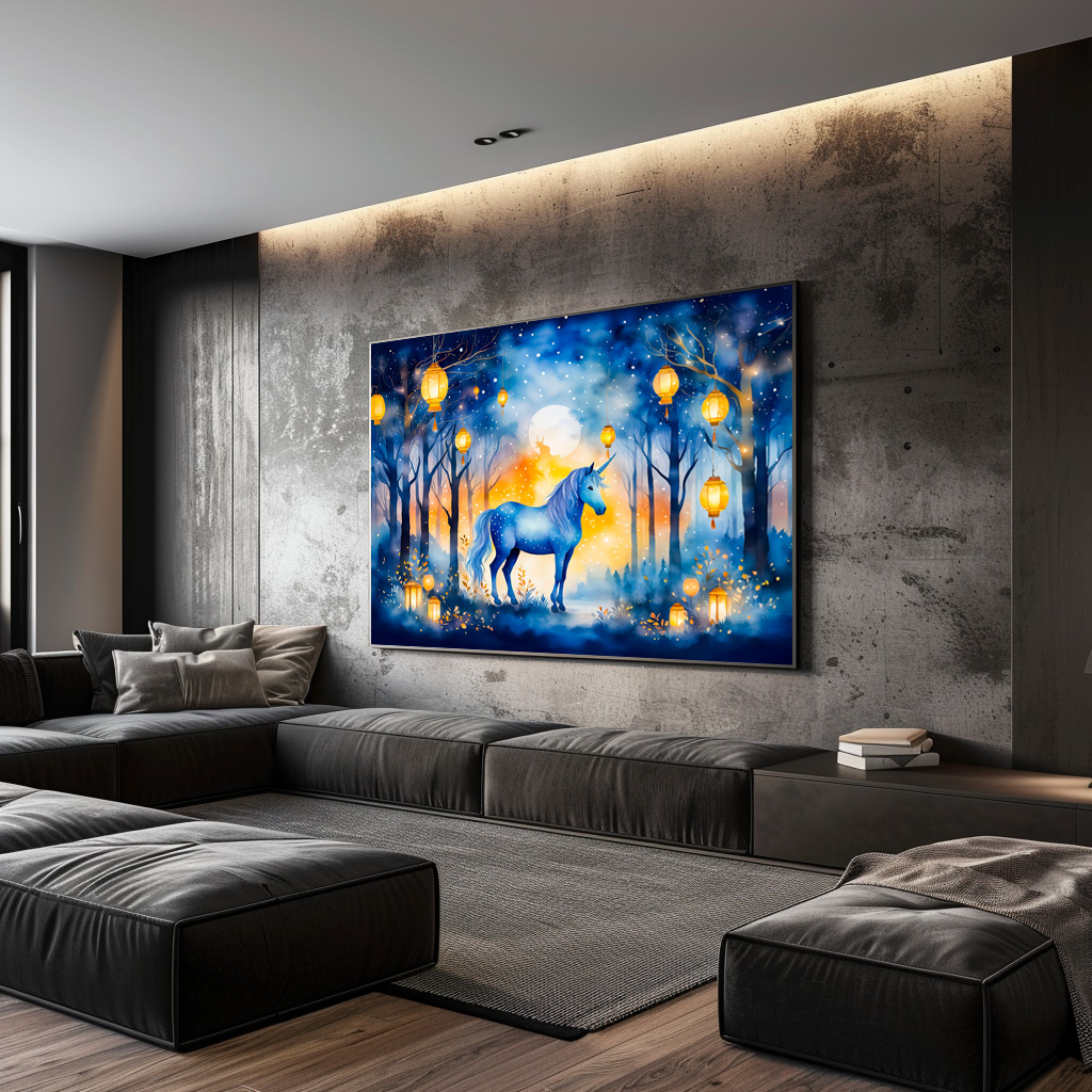 Poster: Boho Watercolor Mystical Unicorn Prancing Under Golden Lantern Light – Image 2
