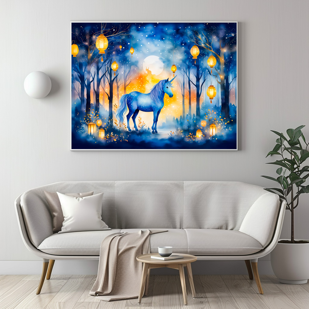Poster: Boho Watercolor Mystical Unicorn Prancing Under Golden Lantern Light – Image 3