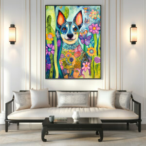 Poster: Vibrant Pop-Art Dog in Neon Colors with flowers