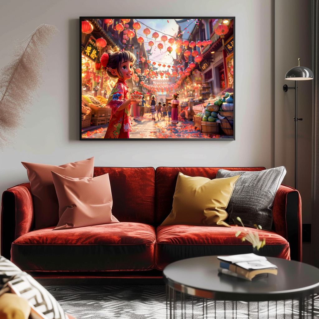 Poster: Comic Girl with Porcelain Bowl of Strawberries at Market - Image 3