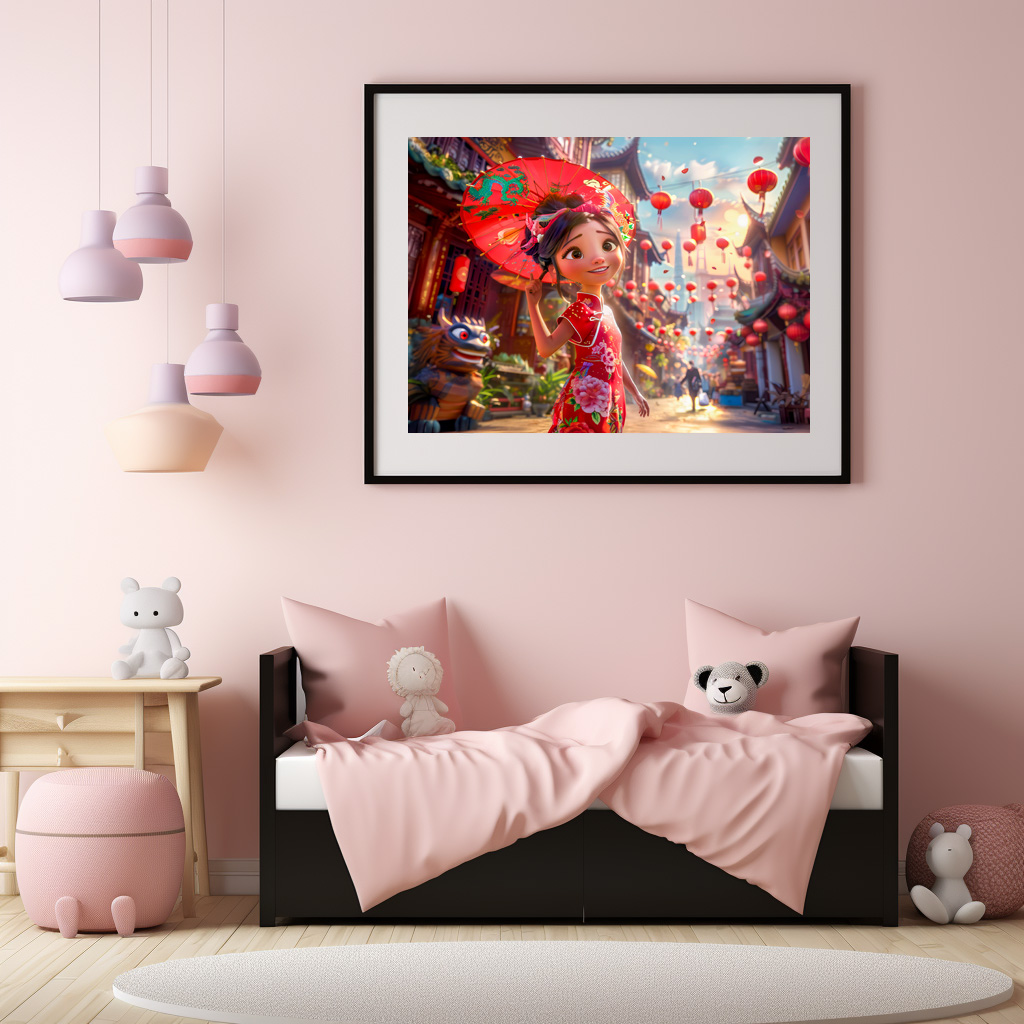 Poster: Comic Girl with Parasol in Sunny Scene
