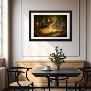 Poster: Young wizard with book fantasy illustration