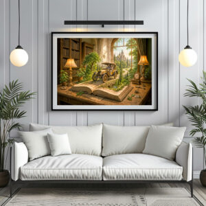 Poster: Vintage car drives from storybook page