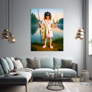 Poster: Sleepy Woman in Robe Catches a Big Pike