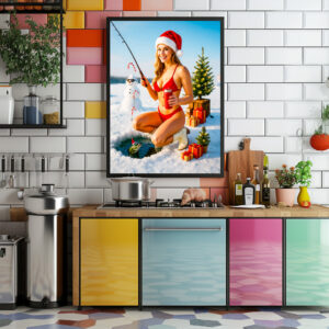 Poster: Playful Pin-Up Girl Fishing in Red Bikini