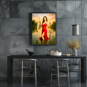 Poster: Elegant Woman in Red Dress Holding Big Fish