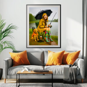 Poster: Woman Fishing in Raincoat and Stylish Boots