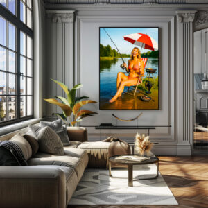 Poster: Woman Fishing Under Parasol While Eating Ice Cream