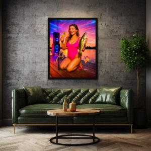 Poster: Party Girl Fishing with Cocktail and Music