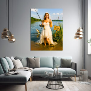 Poster: Bride with Fishing Rod and Hook at Lakeside