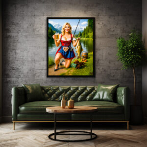 Poster: Funny Girl Fishing in Traditional Bavarian Dress