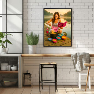 Poster: Woman Cooking Glitter Bait for frish on the Dock