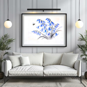 Poster: Blue Bellflowers Asian Ink Painting