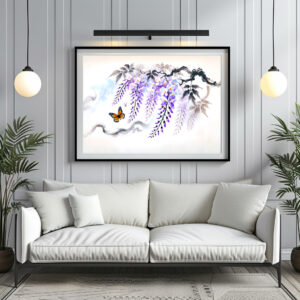 Poster: Wisteria and Butterfly Asian Ink Painting