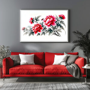 Poster: Peonies in Red Asian Ink Painting