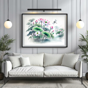 Poster: Lotus and Dragonflies painted in the style of Asian ink art