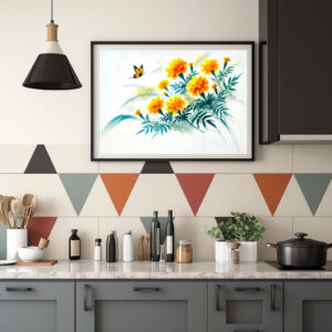 Poster: Yellow Daisies with Butterfly Asian Ink Painting