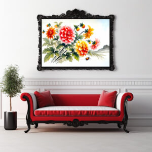 Poster: Dahlias flowers in Asian Ink Painting