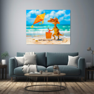 Poster: Dino Flying Kite at Beach