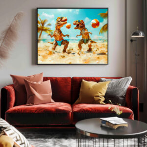 Poster: T-Rexes Playing Ball on Beach