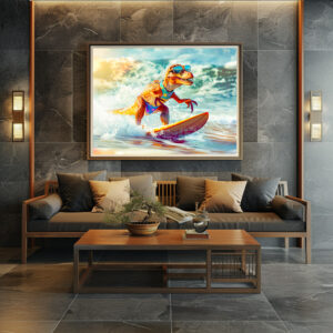 Poster: Dinosaur Surfing Big Wave
