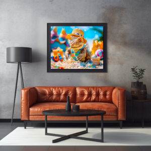 Poster: Dino Building Sandcastle on Beach