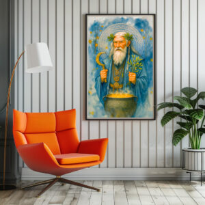 Poster: Wise Celtic druid with magic cauldron