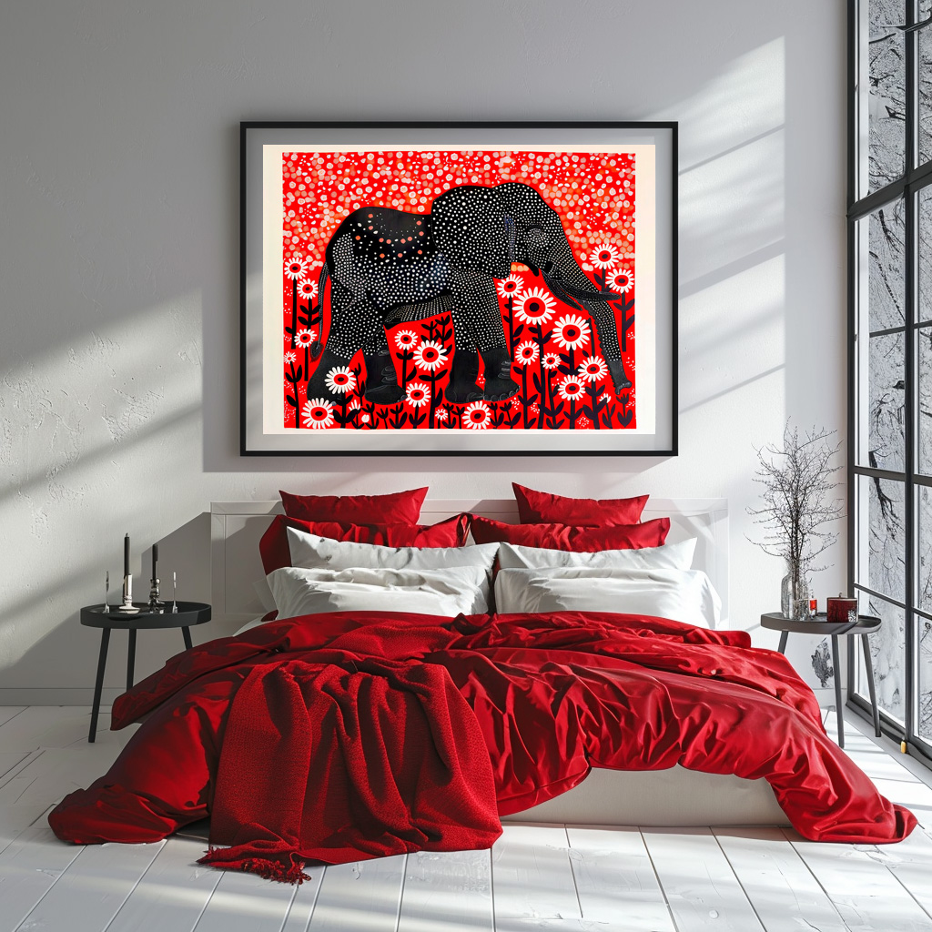 Poster: Colorful Abstract Elephant with Red Flowers