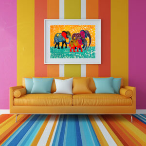 Poster: Three Abstract Elephants in Yellow Dot Field