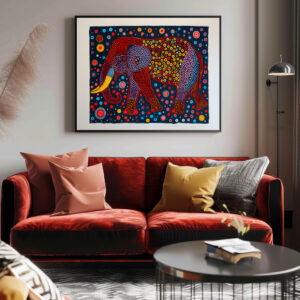 Poster: Red Blue Abstract Elephant with flower Dots