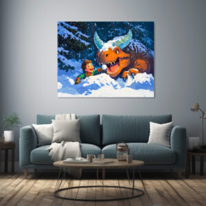 Poster: Anime boy playing dinosaur snowy day