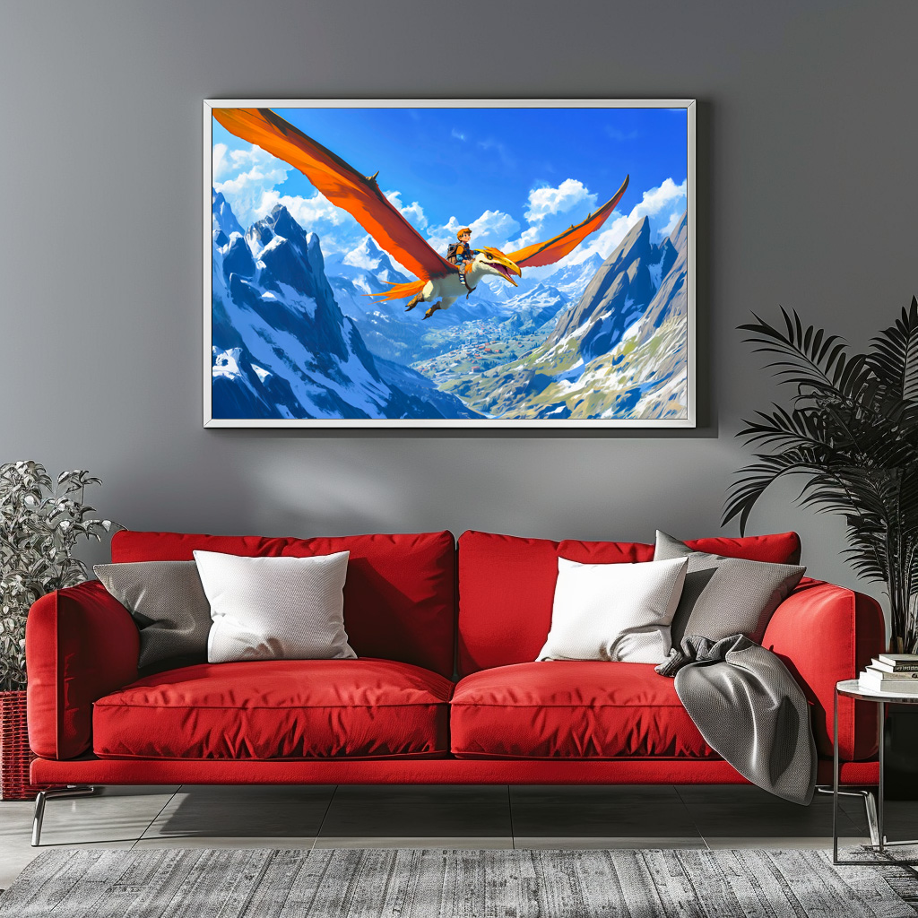 Poster: Anime boy flying Pteranodon dinosaur Alps