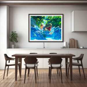 Poster: Anime boy swimming with dinosaur in sea